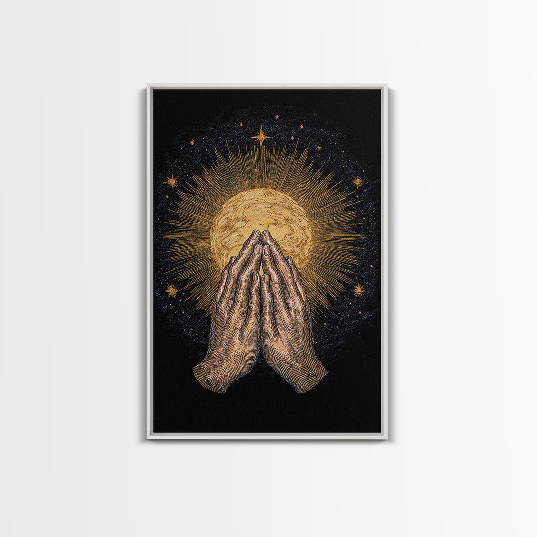Praying Hands Holding Golden Radiant Sun On Black Canvas Print, Spiritual Wall Decor, Meditation Art Gift For Sacred Home