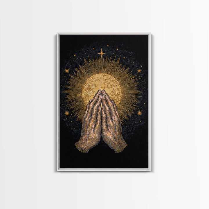 Praying Hands Holding Golden Radiant Sun On Black Canvas Print, Spiritual Wall Decor, Meditation Art Gift For Sacred Home
