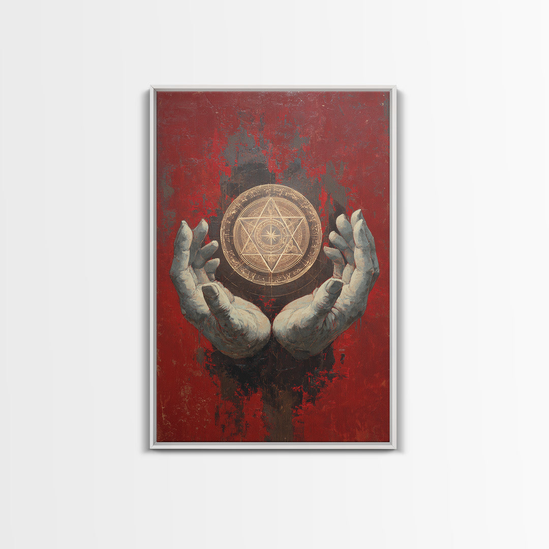Golden Sacred Geometry In Weathered Hands Wall Art, Mystical Abstract Canvas, Spiritual Home Decor, Red And Gold Artwork