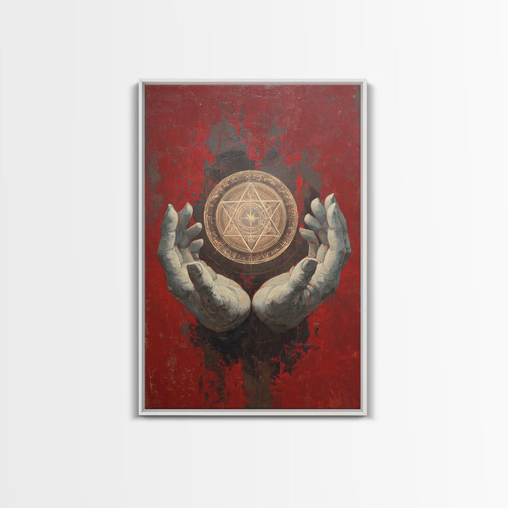 Golden Sacred Geometry In Weathered Hands Wall Art, Mystical Abstract Canvas, Spiritual Home Decor, Red And Gold Artwork