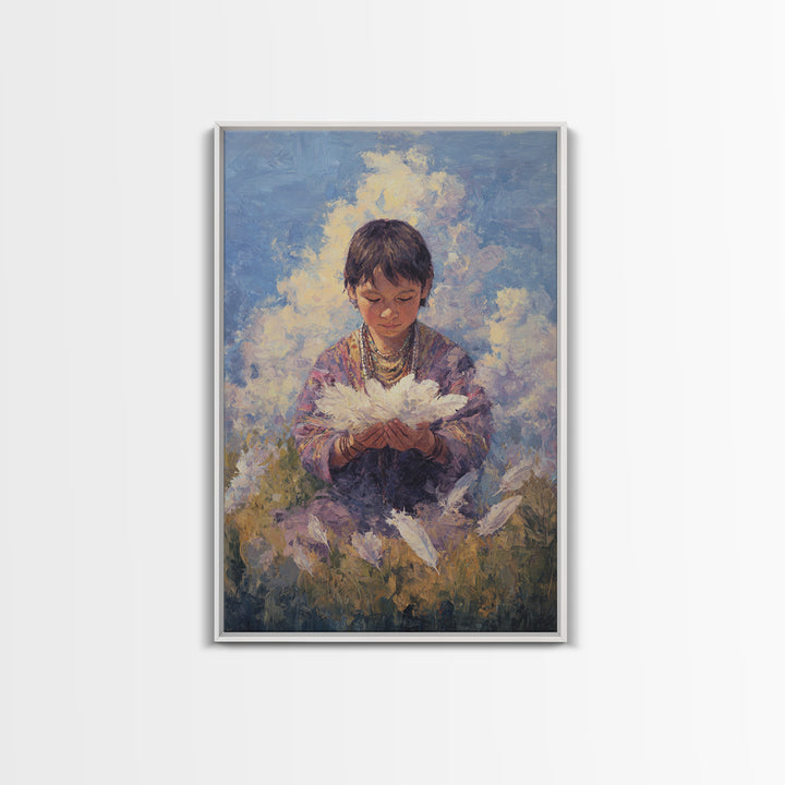 Quiet Child Holding White Feathers Framed Canvas Print, Dreamy Portrait Wall Art, Spiritual Home Decor, Gift For Kids, Soft Blue Painting