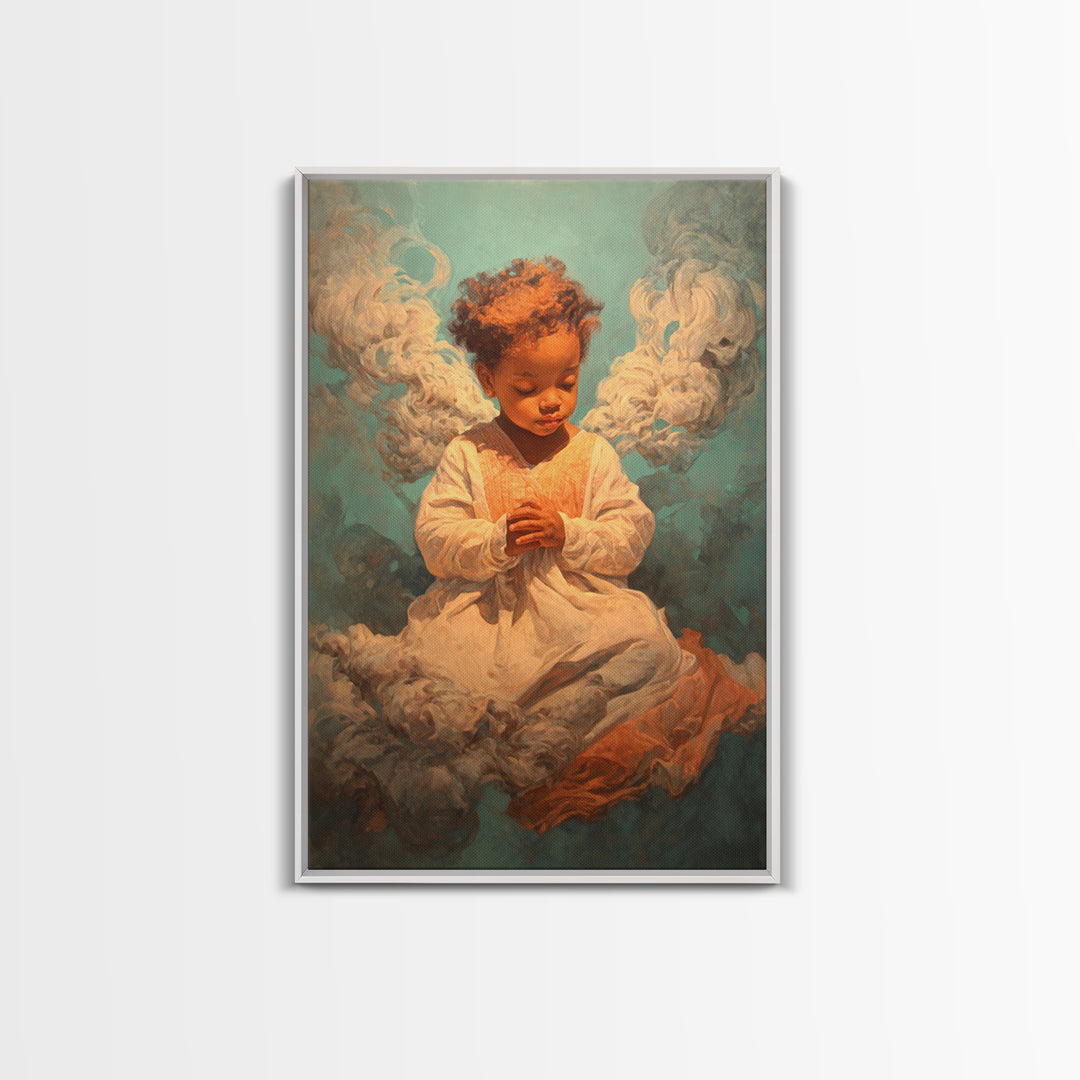 Praying Black Child In Clouds Canvas Print, Angelic Spiritual Wall Art, Dreamy Portrait Decor, Black Beauty Gift For Her