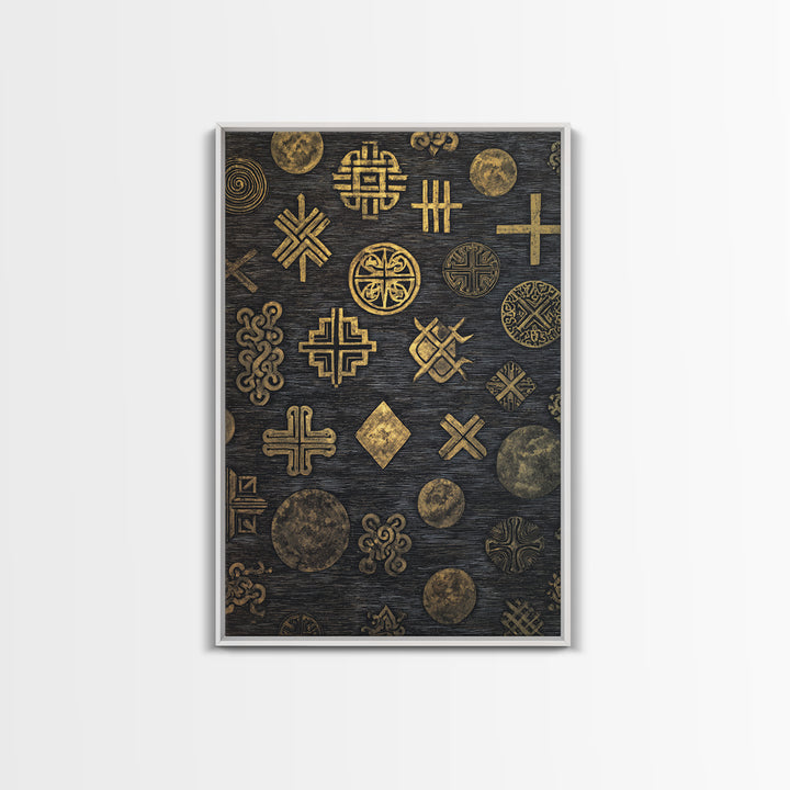 Gold Adinkra Symbols On Black Canvas Print, African Patterns Wall Decor, Tribal Art Print, Cultural Home Decor For Living Room