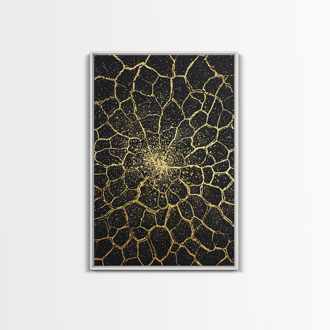 Black And Gold Cracked Floral Mandala Wall Art, Abstract Geometric Canvas, Luxury Home Decor, Statement Piece Gift For Living Room