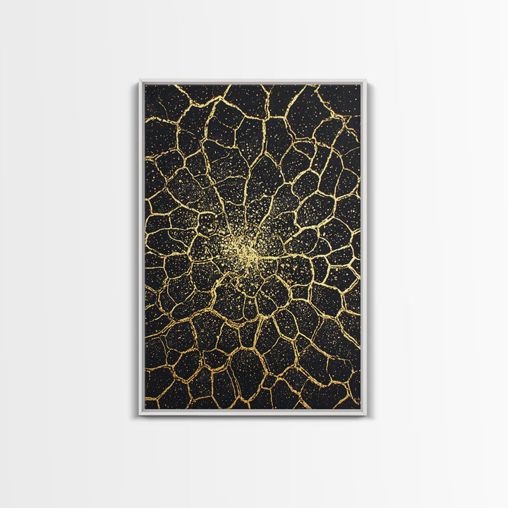 Black And Gold Cracked Floral Mandala Wall Art, Abstract Geometric Canvas, Luxury Home Decor, Statement Piece Gift For Living Room