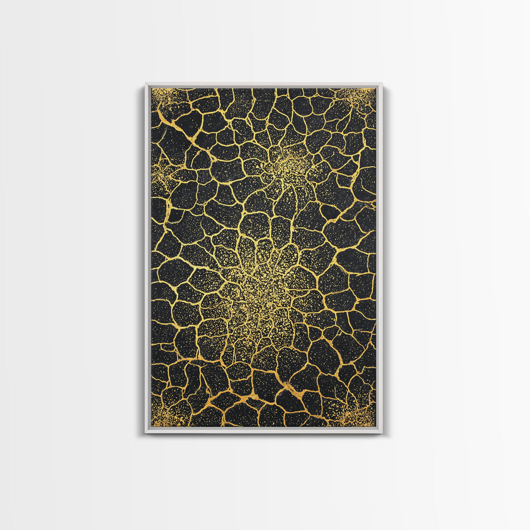 Gold Botanical Crackle Pattern Canvas Print, Black Abstract Wall Art, Geometric Floral Decor, Luxury Statement Piece For Modern Home