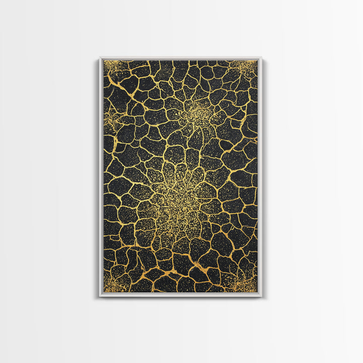 Gold Botanical Crackle Pattern Canvas Print, Black Abstract Wall Art, Geometric Floral Decor, Luxury Statement Piece For Modern Home