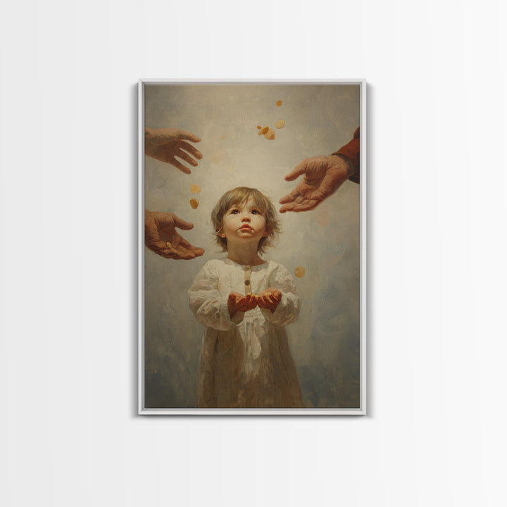 Wide Eyed Child Receiving Coins Framed Canvas Print, Classic Portrait Wall Art, Meaningful Gift, Soft Neutral Home Decor
