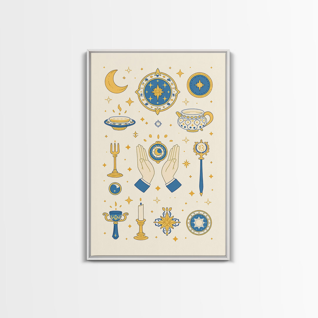 Blue Gold Celestial Symbols With Moon Hands And Stars Wall Art, Mystical Spiritual Boho Decor, Elegant Gallery Canvas Print