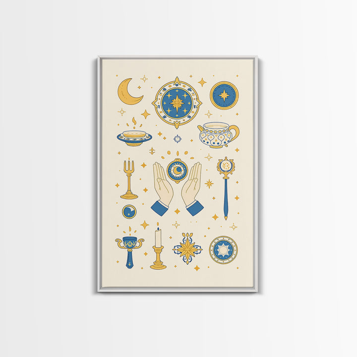 Blue Gold Celestial Symbols With Moon Hands And Stars Wall Art, Mystical Spiritual Boho Decor, Elegant Gallery Canvas Print