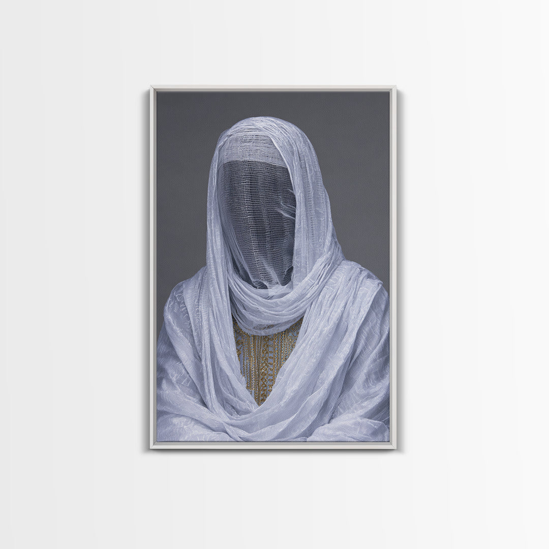 White Veiled African Woman Portrait Wall Art, Afrocentric Cultural Photography, Elegant Spiritual Home Decor Canvas Print