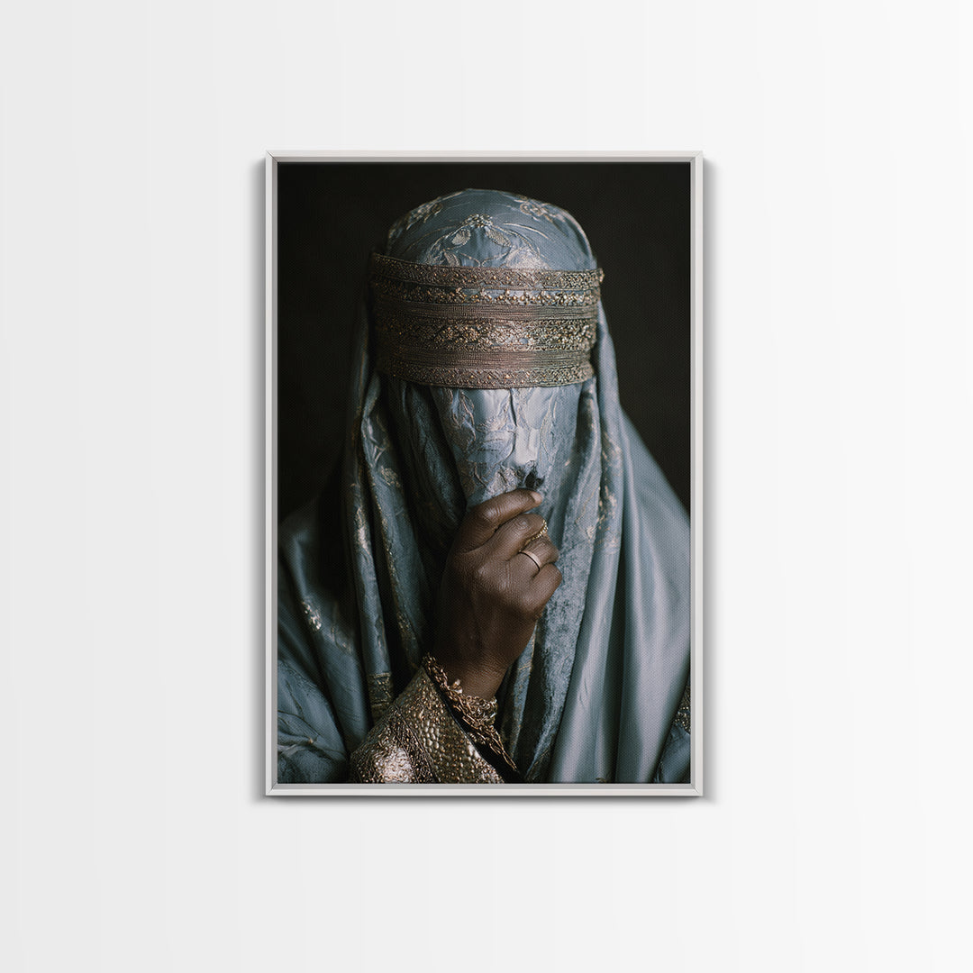 Blue Gold Veiled African Woman Portrait Framed Canvas Print, Luxury Afrocentric Wall Decor, Cultural Photography Fine Art