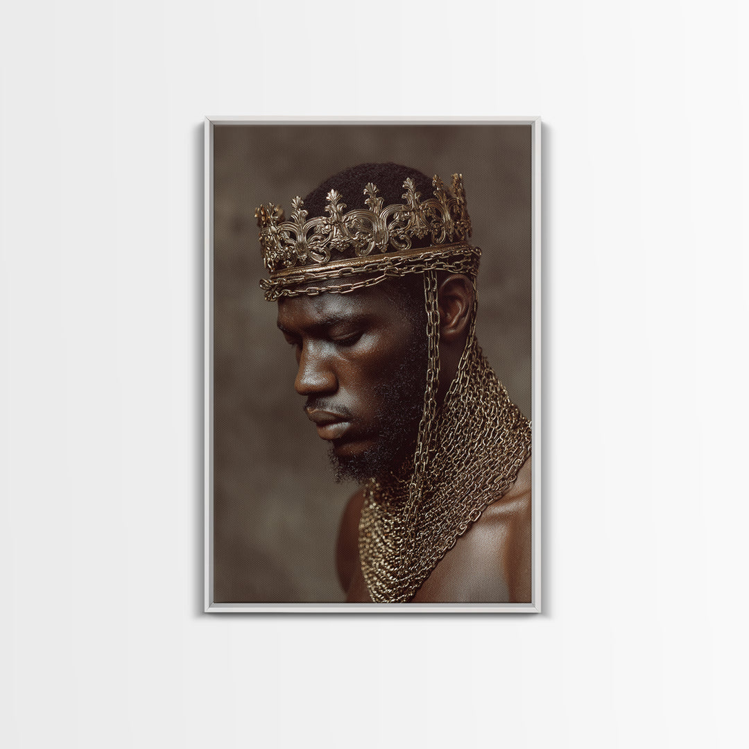 Profile Of Black King In Gold Crown And Chains Wall Art, African American Royal Portrait, Luxury Black Culture Decor Gift