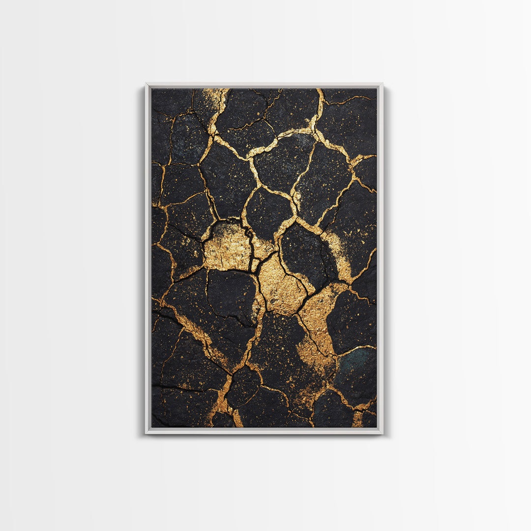 Black And Gold Cracked Earth Abstract Wall Art, Kintsugi Texture Modern Canvas Print, Luxury Earth Tone Statement Home Decor