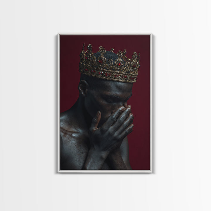 Praying Black King With Ruby Gold Crown Wall Art, African American Royal Portrait, Spiritual Black Culture Home Decor Gift