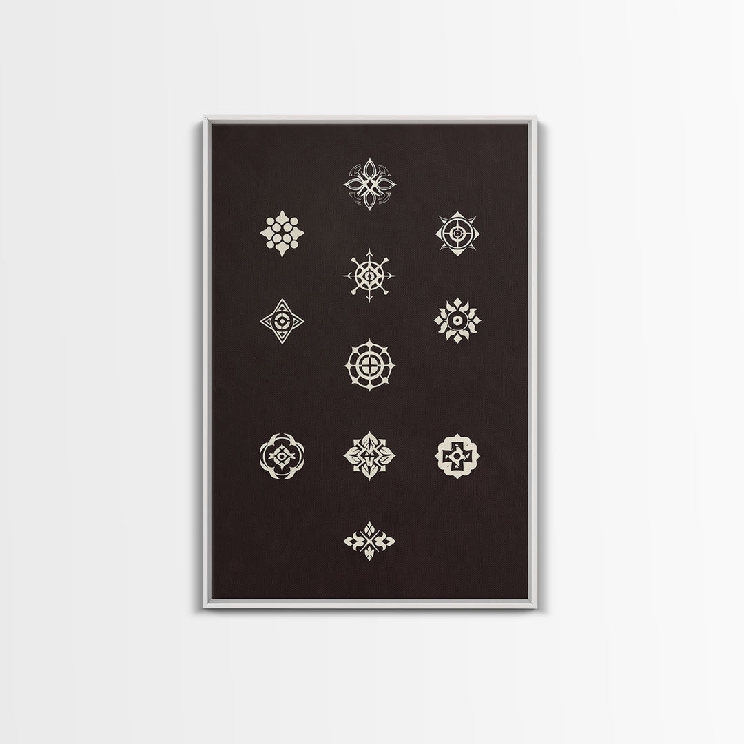 Cream Sacred Geometric Symbols On Dark Brown Wall Art, Minimalist Spiritual Pattern Canvas Print, Boho Meditation Home Decor
