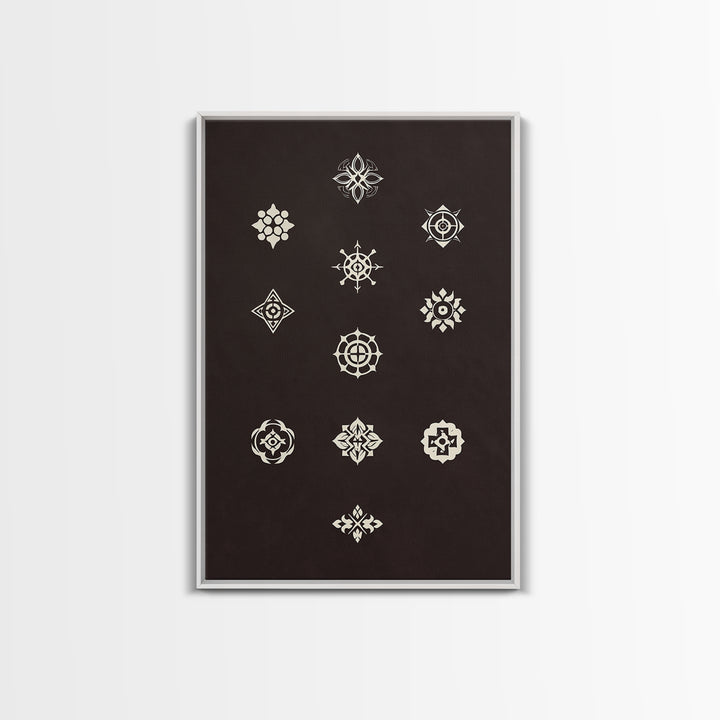 Cream Sacred Geometric Symbols On Dark Brown Wall Art, Minimalist Spiritual Pattern Canvas Print, Boho Meditation Home Decor
