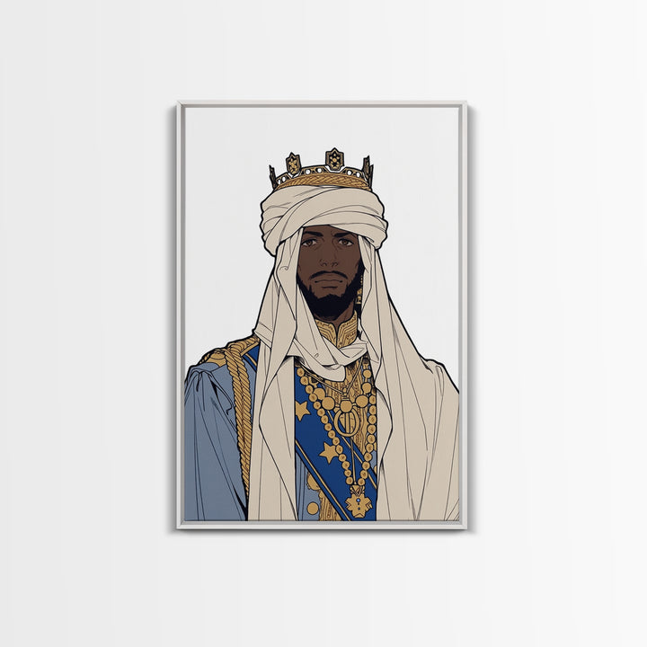 Regal African King In White Turban And Blue Robe Canvas Print, Afrocentric Royal Portrait Wall Art, Cultural Home Decor Gift