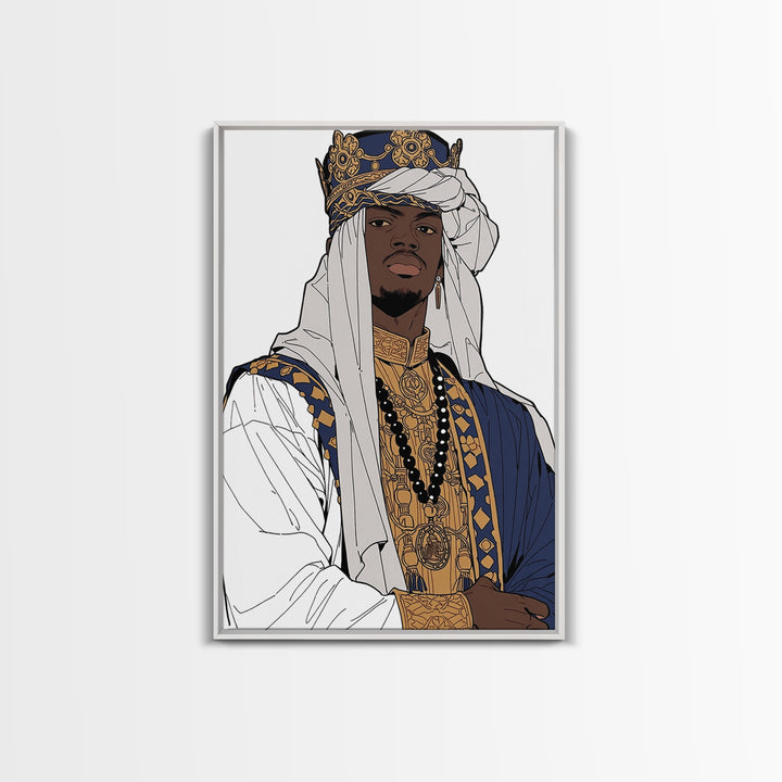 Regal African Prince In Crown White Turban And Blue Robe Framed Canvas Print, Afrocentric Black Royal Portrait Wall Art Decor