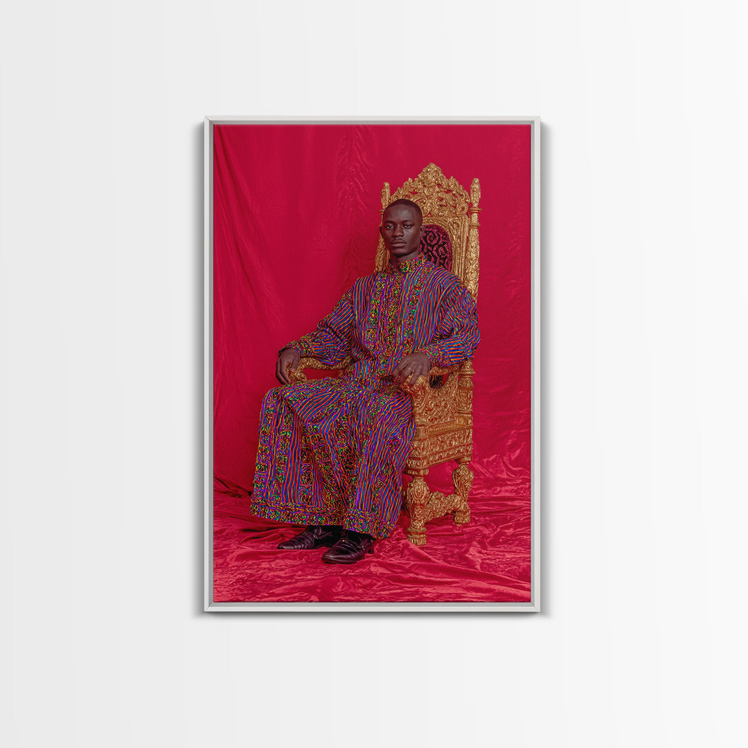 Regal African Man On Gold Throne Wall Art, Royal Black Portrait, Afrocentric Decor, African Fabric, Statement Canvas, Living Room Decor