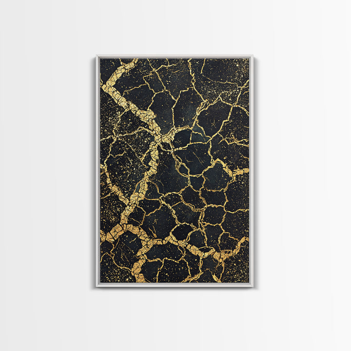 Black And Gold Cracked Earth Abstract Wall Art, Luxury Canvas Print, Kintsugi Texture, Modern Home Decor, Statement Piece