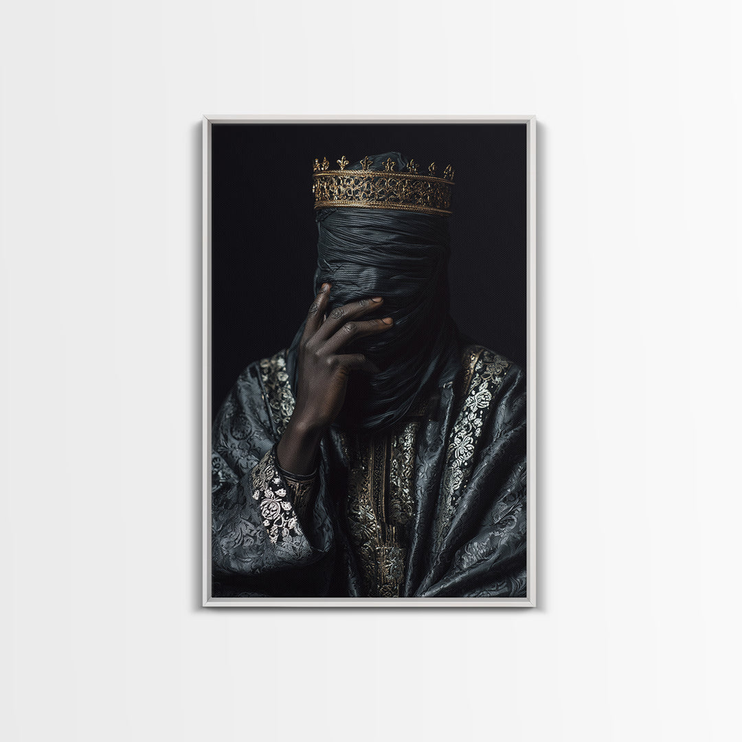 Mystic Crowned African Portrait Wall Art, Black Veiled Figure, Gold Jewelry Canvas, Afrocentric Decor, Luxury Canvas Print