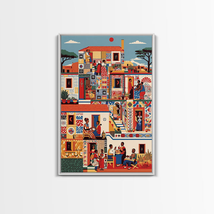 Vibrant African Neighborhood Scene Wall Art, Community Life Canvas Print, Patterned House, Afrocentric Cultural Decor, Gift