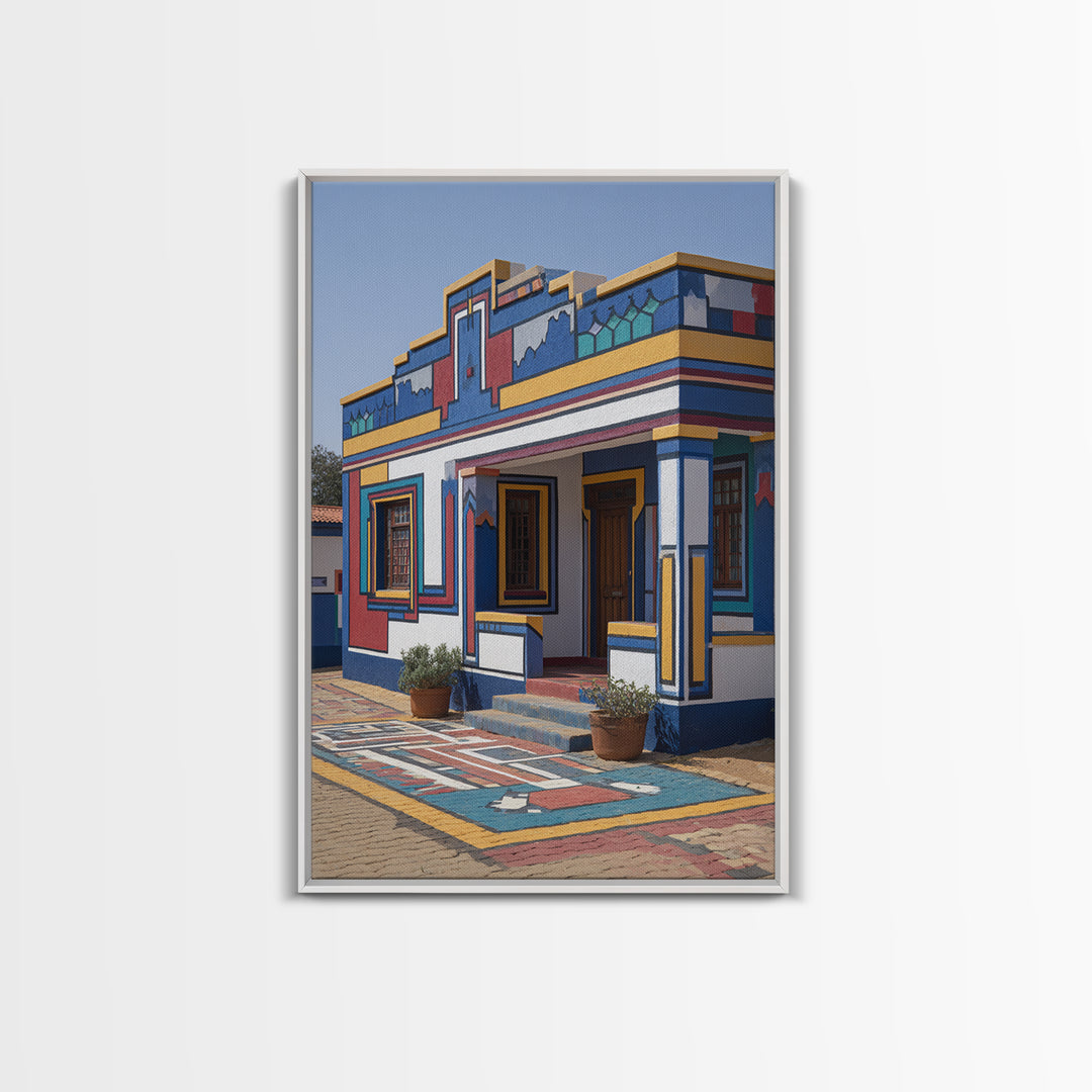 Bright Ndebele Painted Courtyard Framed Canvas Print, African Architecture Wall Art, Geometric Tribal Home Decor Statement Piece