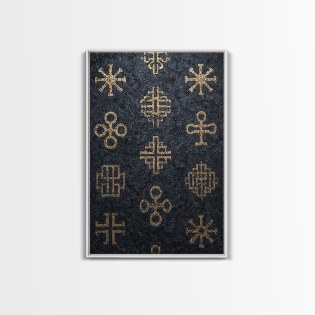 Gold African Adinkra Symbols Wall Art, Black Textured Pattern Print, Tribal Cultural Decor, Afrocentric Home Gift For Office