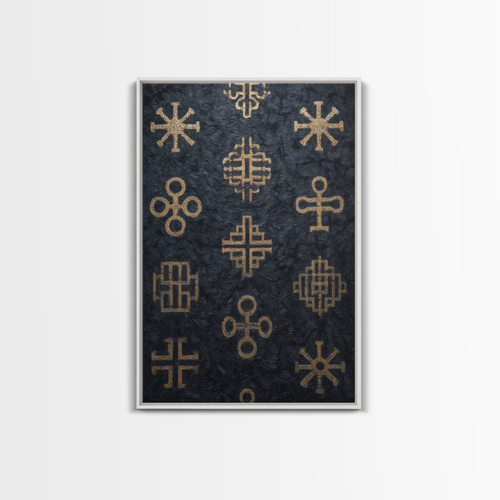Gold African Adinkra Symbols Wall Art, Black Textured Pattern Print, Tribal Cultural Decor, Afrocentric Home Gift For Office