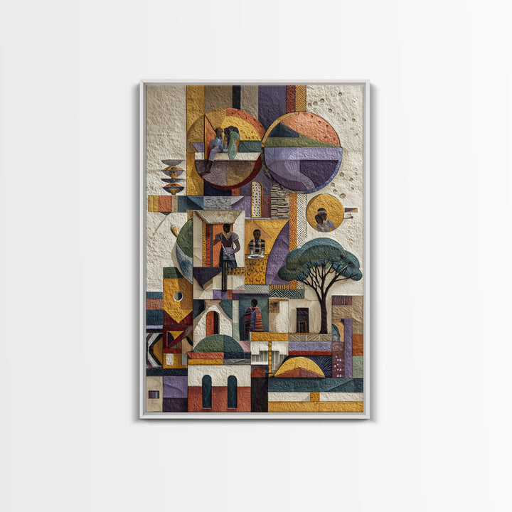 Abstract African Village Collage Canvas Print, Geometric Architecture Wall Art, Textured Cultural Home Decor Gift For Living Room