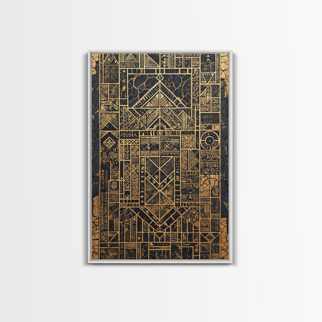 Gold Black Tribal Geometry Canvas Print, African Wall Art, Kuba Pattern Decor, Afrocentric Abstract Home Decor Statement Gift