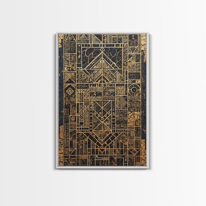 Gold Black Tribal Geometry Canvas Print, African Wall Art, Kuba Pattern Decor, Afrocentric Abstract Home Decor Statement Gift