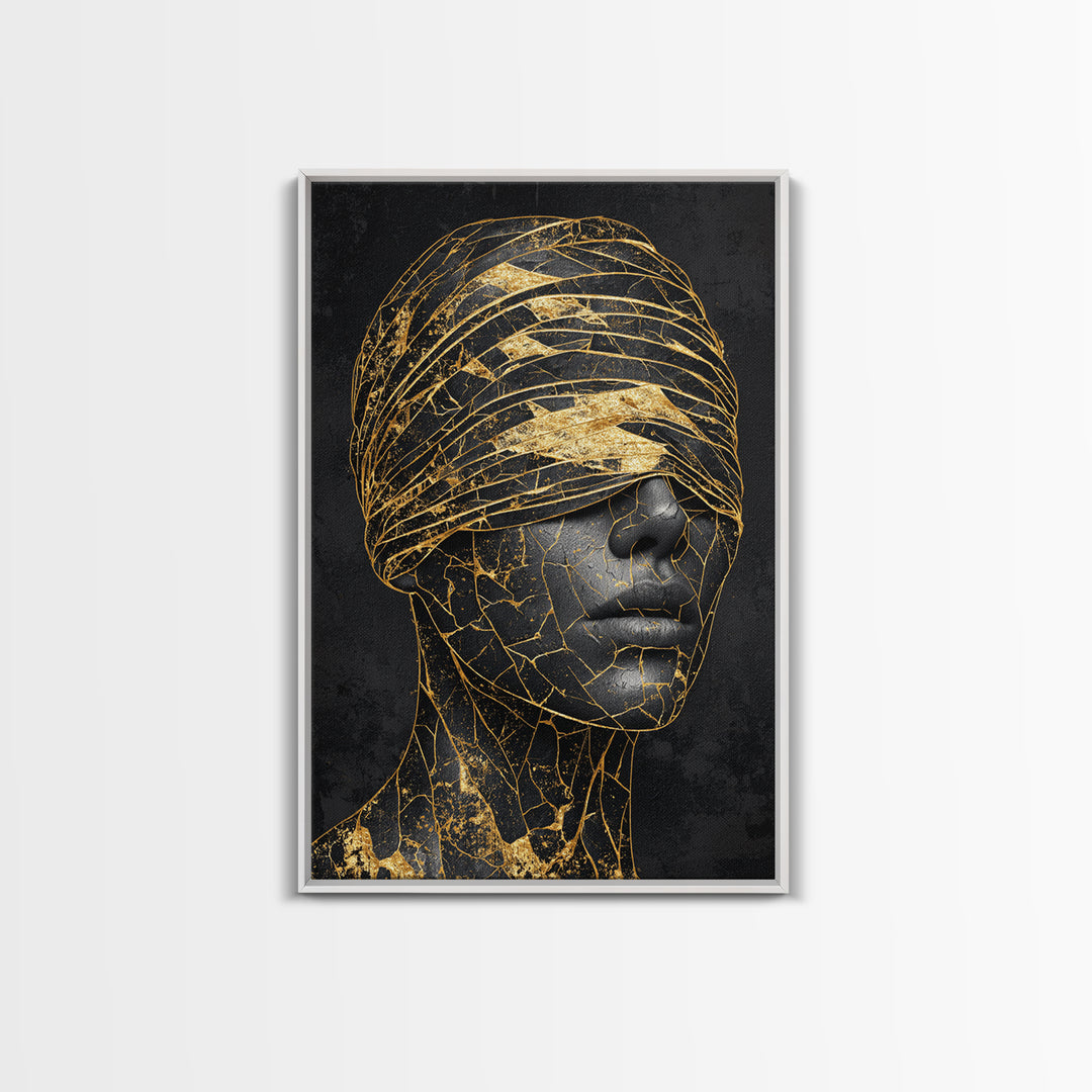 Blindfolded Gold Black Woman Canvas Print, African American Art, Feminine Afrocentric Portrait, Luxury Statement Home Decor