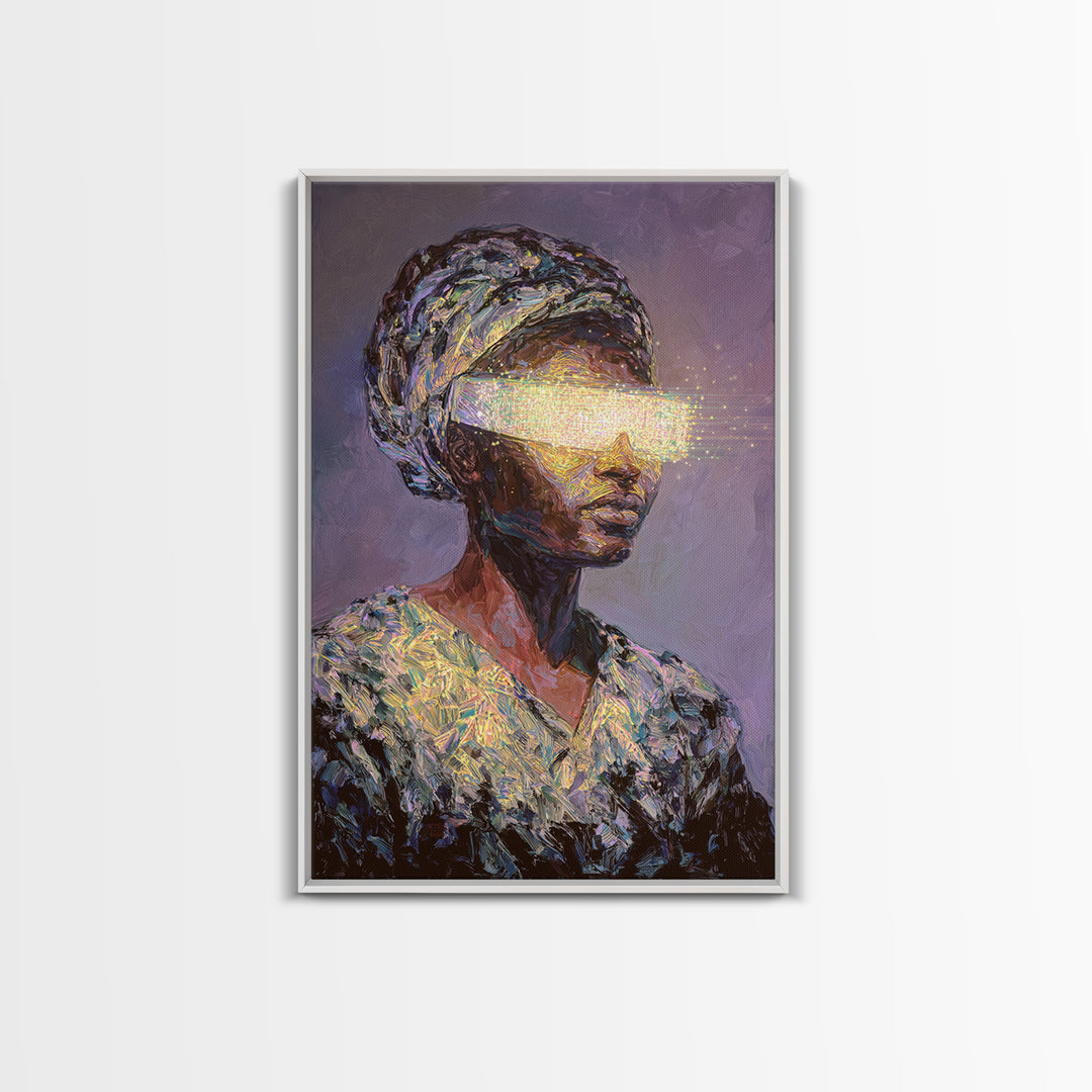 Visionary African Woman Canvas Print, Glowing Eye Light Portrait, Afrocentric Art, Spiritual Wall Decor, Female Power Gift