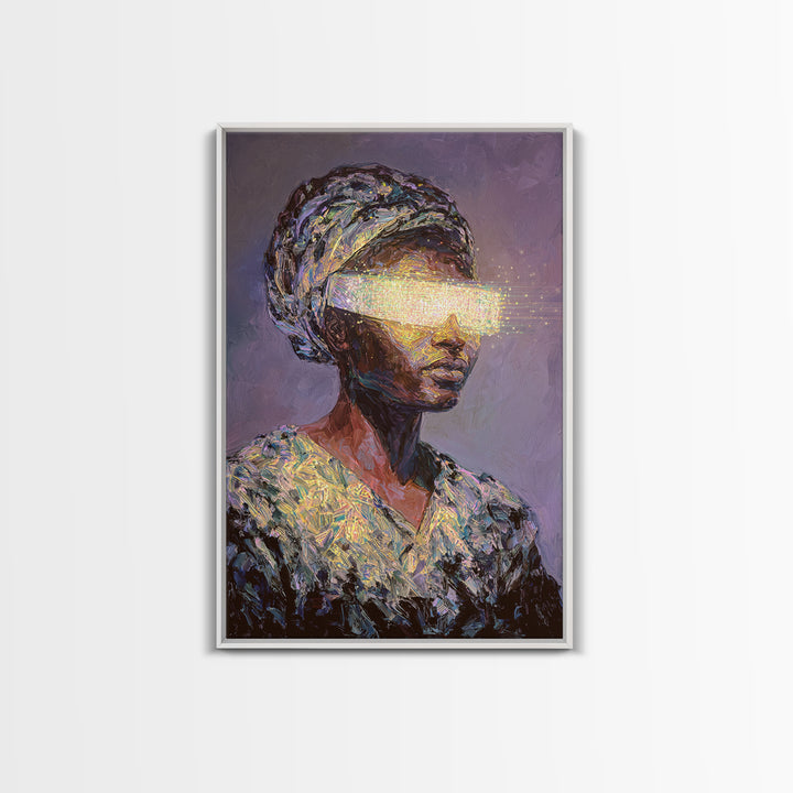 Visionary African Woman Canvas Print, Glowing Eye Light Portrait, Afrocentric Art, Spiritual Wall Decor, Female Power Gift