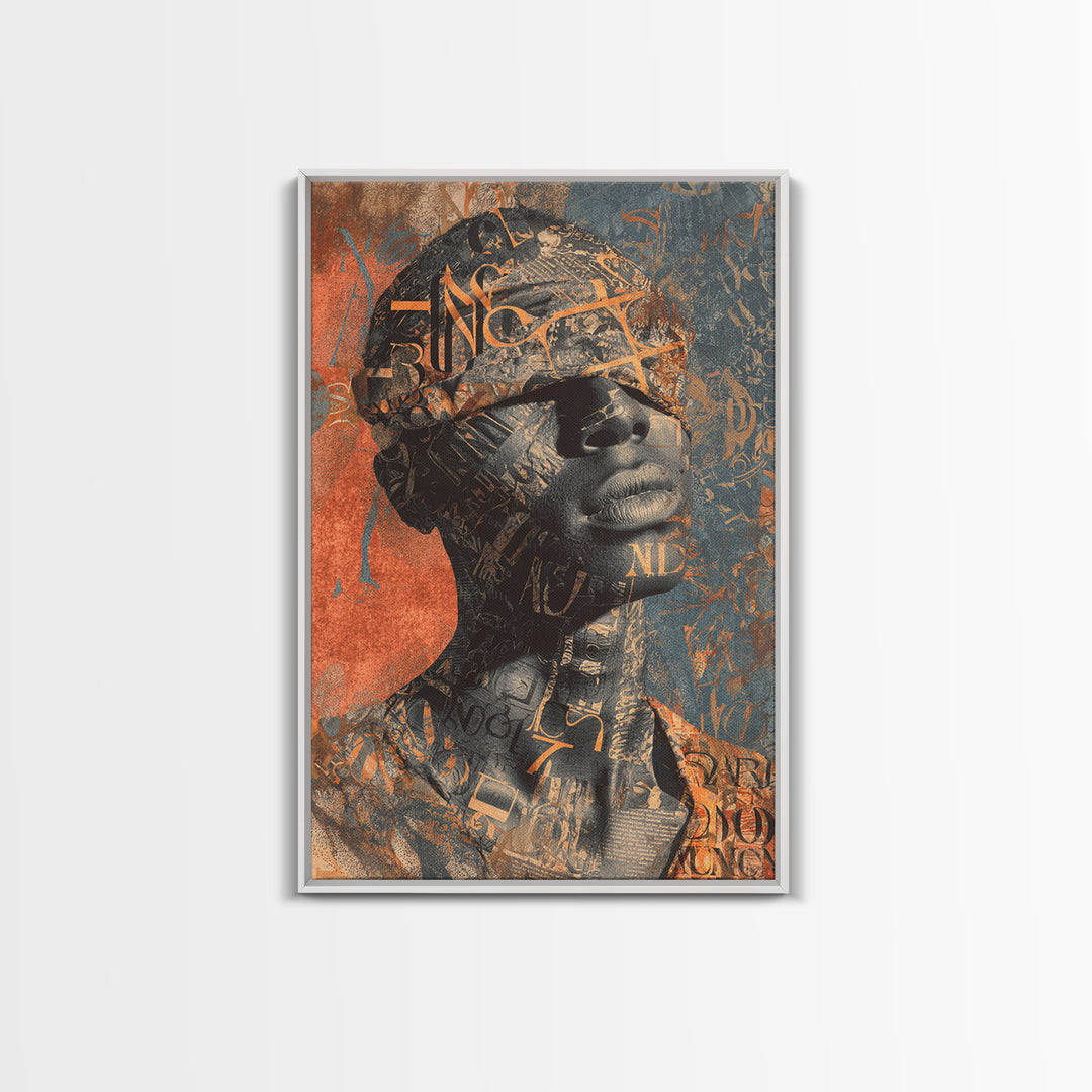 Blindfolded Black Woman Canvas Print, Abstract Typography Portrait, African American Art, Burnt Orange Afrocentric Decor