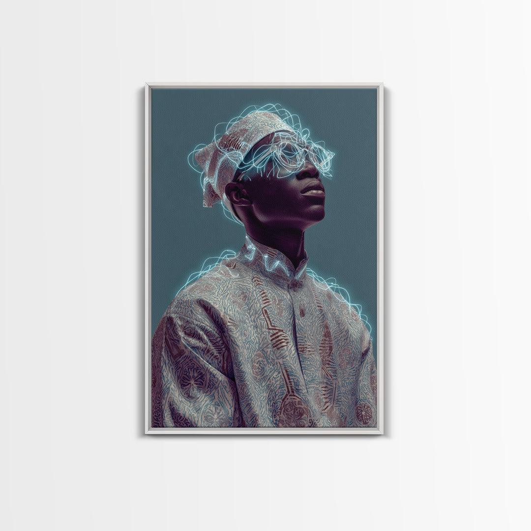 Afrofuturist Black Man Portrait With Neon Headwrap, Canvas Print, Modern African Art, Afrocentric Wall Decor, Black Culture Art