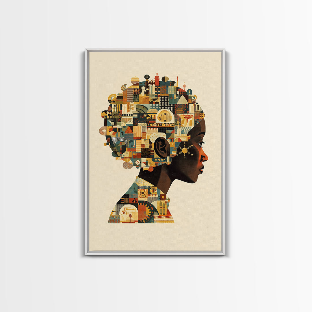 Profile Of African Woman With Architectural Afro, Wall Art, Geometric Portrait, Cultural Home Decor, Modern Afrocentric Art Print