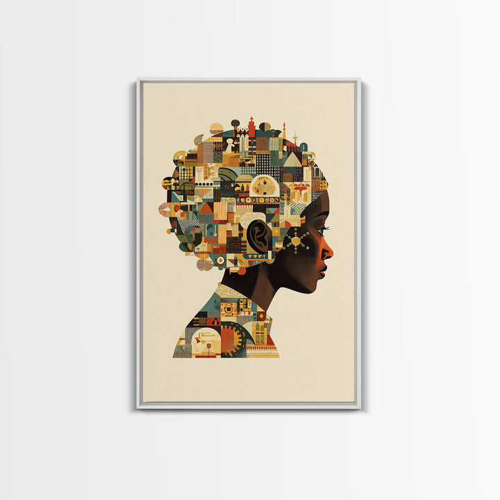 Profile Of African Woman With Architectural Afro, Wall Art, Geometric Portrait, Cultural Home Decor, Modern Afrocentric Art Print
