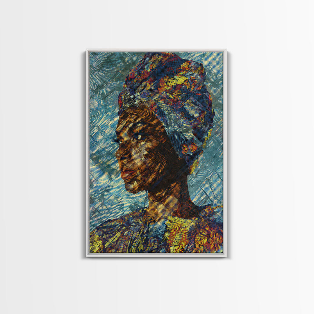 Textured African Woman Portrait In Blue Headwrap, Framed Canvas Print, Contemporary Black Art, Ethnic Wall Decor Gift For Her