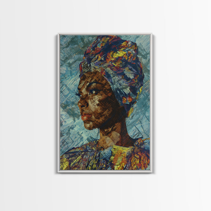 Textured African Woman Portrait In Blue Headwrap, Framed Canvas Print, Contemporary Black Art, Ethnic Wall Decor Gift For Her