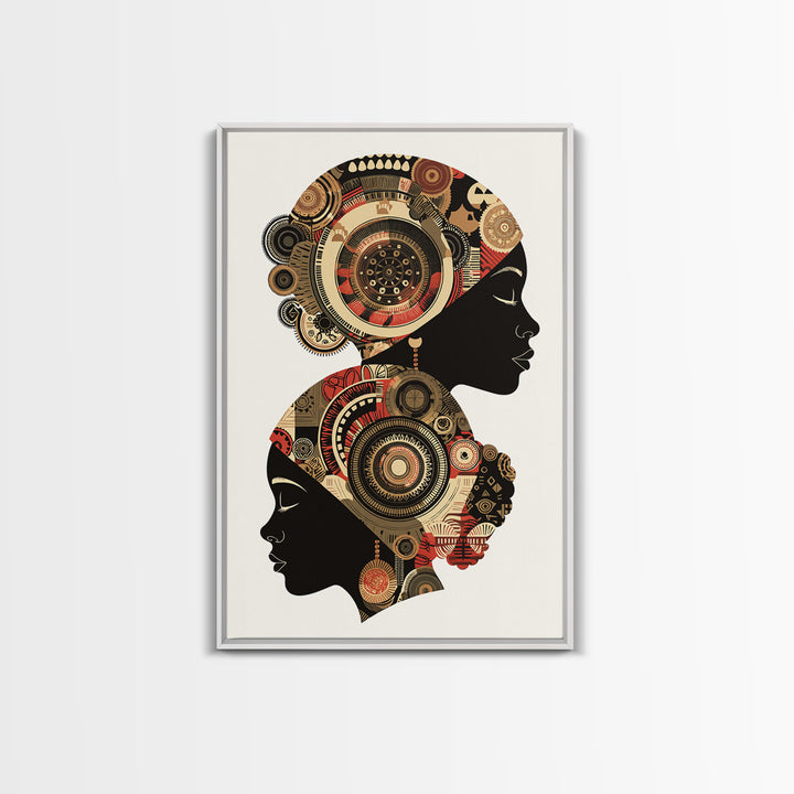 Two African Women Silhouettes With Tribal Circles, Canvas Print, Abstract African Art, Boho Wall Art, Cultural Decor Print