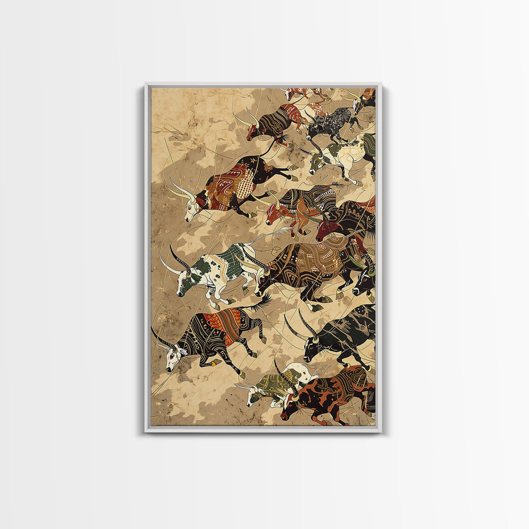 Running African Cattle With Tribal Patterns, Wall Art, Safari Animal Art Print, African Decor, Rustic Farmhouse Canvas Print