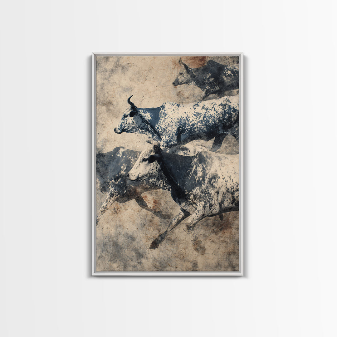 Charging Longhorn Cattle Herd In Sepia Dust, Canvas Print, African Safari Art, Rustic Wall Decor, Western Animal Painting