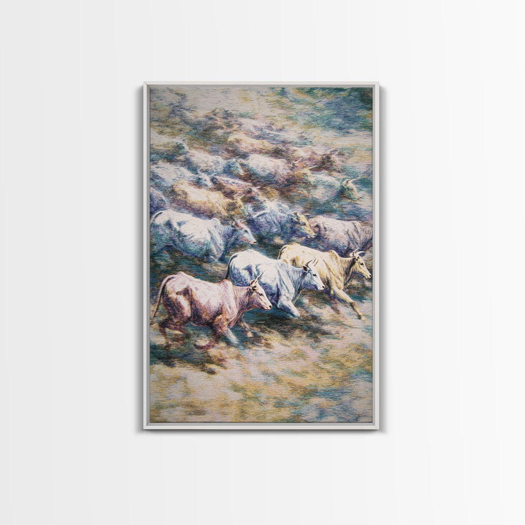 Colorful Running Cattle Herd Across Open Range, Wall Art, African Animal Art, Safari Decor, Textured Painting On Canvas Print