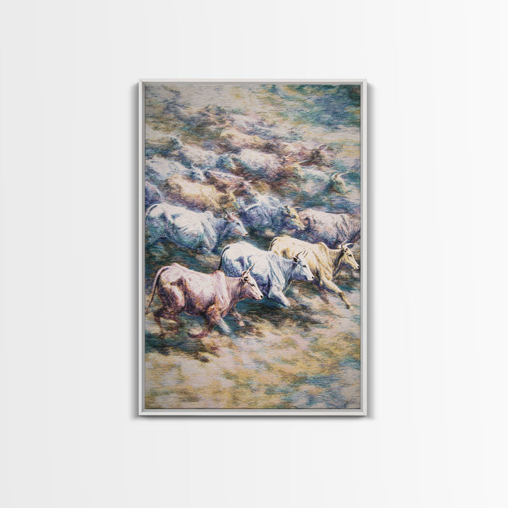 Colorful Running Cattle Herd Across Open Range, Wall Art, African Animal Art, Safari Decor, Textured Painting On Canvas Print