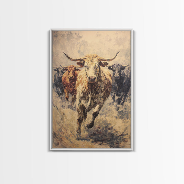 Powerful Longhorn Bull Herd Charging Forward, Framed Canvas Print, African Safari Wall Art, Rustic Animal Decor Gift For Him