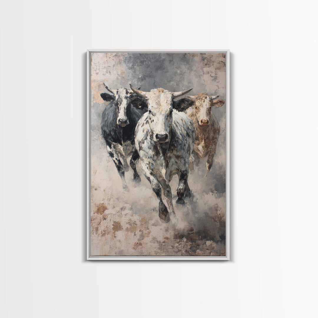 Charging Longhorn Cattle Framed Canvas Print, Western Animal Wall Art, Rustic Farmhouse Decor, Bold Living Room Painting