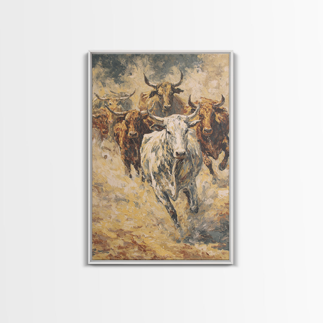 Textured Longhorn Herd Canvas Print, Western Bull Wall Art, Rustic Ranch Decor, Farmhouse Living Room Art, Earth Tone Painting
